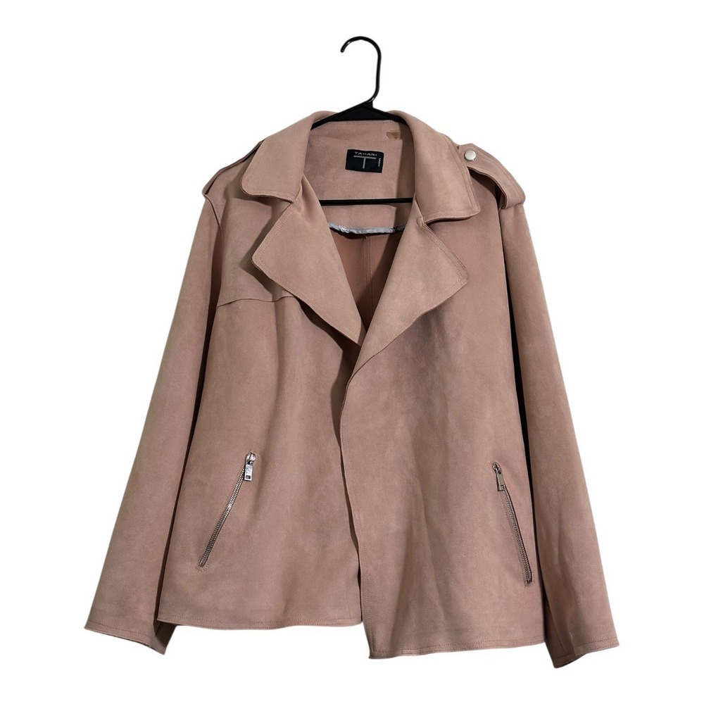 Tahari Faux Suede Moto Jacket Dusty Rose Pink Open Front Women's Plus‎ Size 2X
